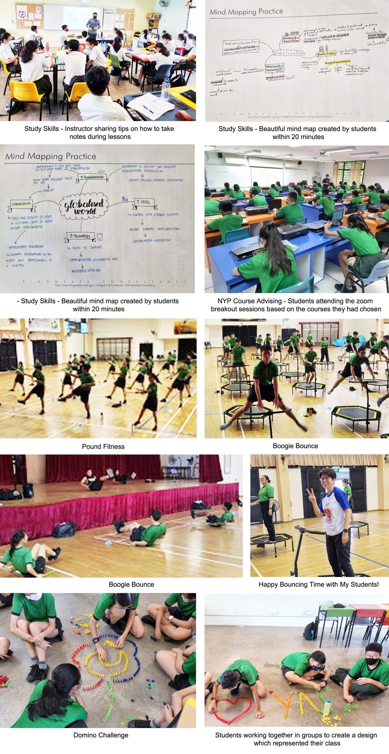 Collage of school activities including classroom lessons, mind mapping, trampoline fitness, and domino challenges.